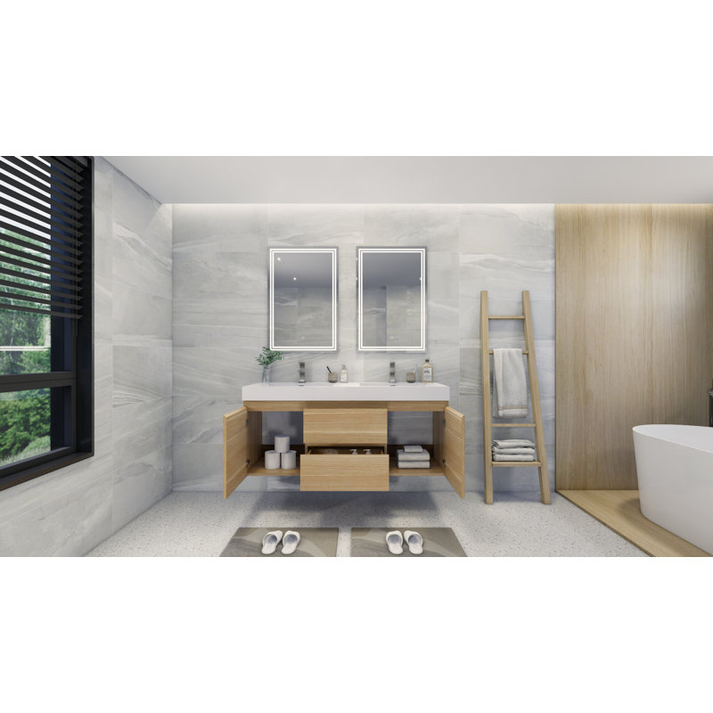 Mitul 58.75'' Double Bathroom Vanity with Acrylic Top, White Oak