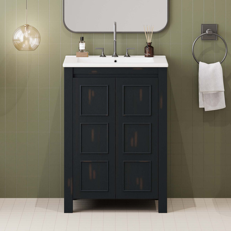 Petit ensemble de meuble-lavabo de style rétro 24 po avec lavabo en céramique, 2 portes à fermeture douce