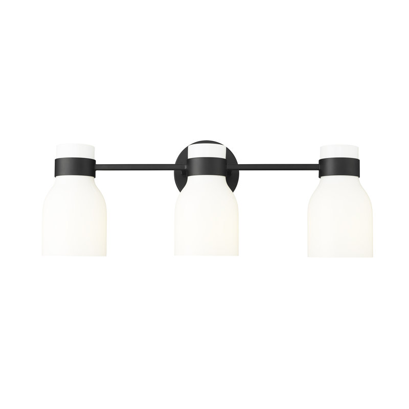 Meuble-lavabo 3 lumières Breakwater Bay Ahniah avec abat-jour en verre brillant opale, Noir mat