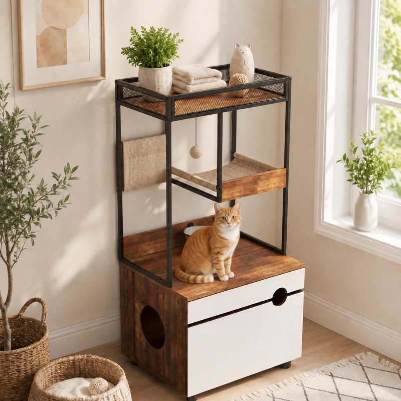 Armoire pour arbre à chat en bois aggloméré, 23,8 x 14,5 x 48,7 pouces, avec planche à gratter, brun