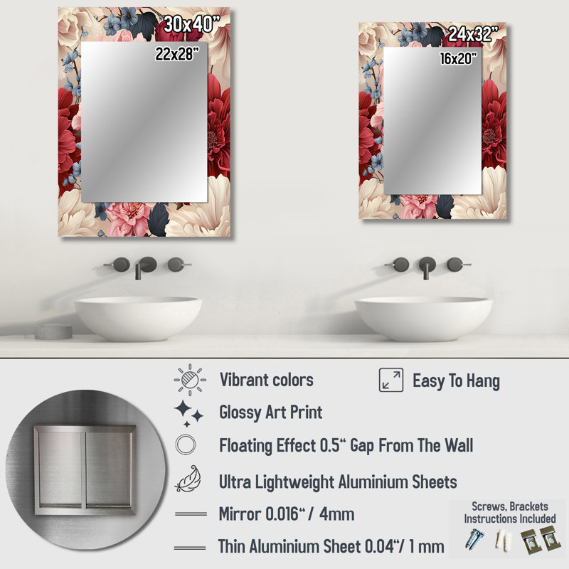 Motif botanique de pivoines Renaissance rose foncé - miroir floral, 40 po x 30 po
