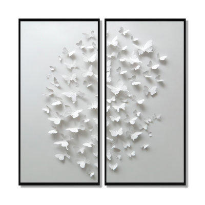 «Summer White Butterflies In The Sky - Abstract Collages», impression sur toile contemporaine blanche 2 pièces