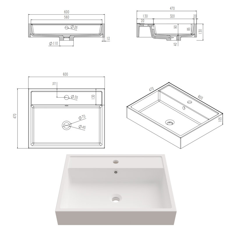Cpingao 24"X19" Rectangle Vessel Sink With Faucet Hole,Mat 12'' Solid Surface Square Bathroom Sink with Faucet