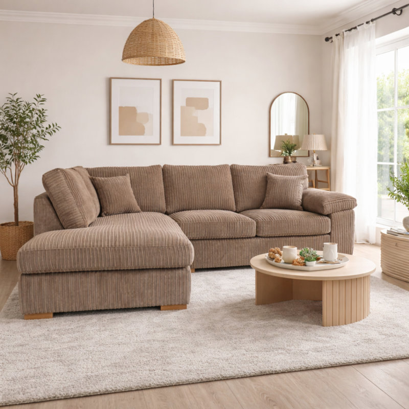 4 Seater Corduroy Sofa & Chaise, Beige, Left Hand Facing