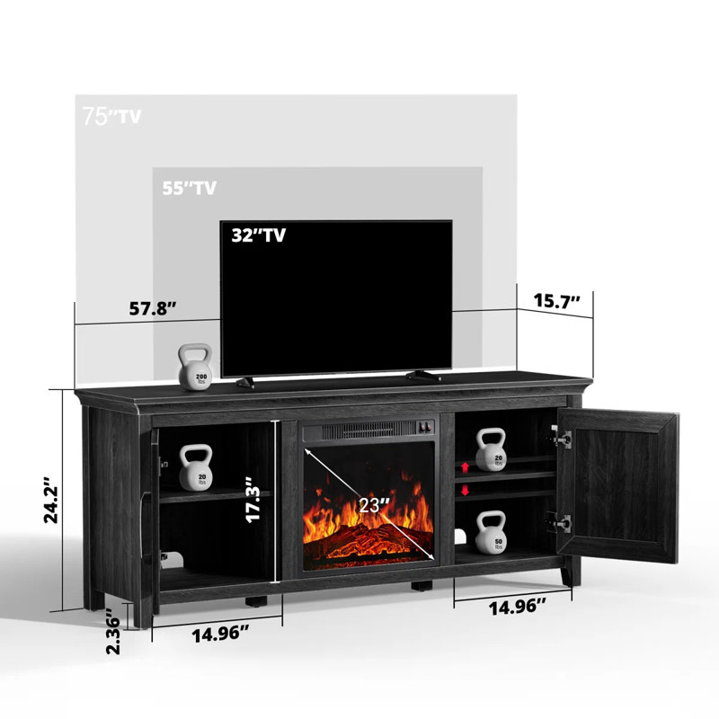 Aravinthan TV Stand for 65" TVs with Electric Fireplace Included, Black
