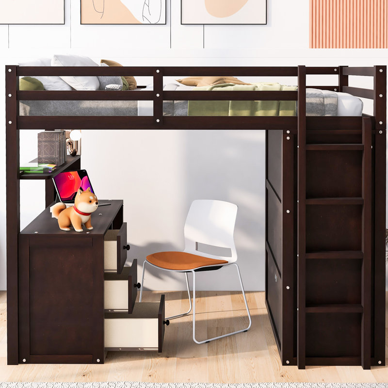 Lit mezzanine simple gris avec compartiments à tiroirs, bureau pour ordinateur portable et garde-robe. Fabrication solide pour la durabilité. Maximisez la surface de la chambre à coucher. Pas de sommier tapissier requis, tiroirs de rangement, bois de bureau. Marque