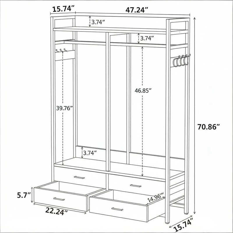 Rangement et organisation à domicile en métal avec conception robuste et chambre à coucher, poids de 13,5 kg