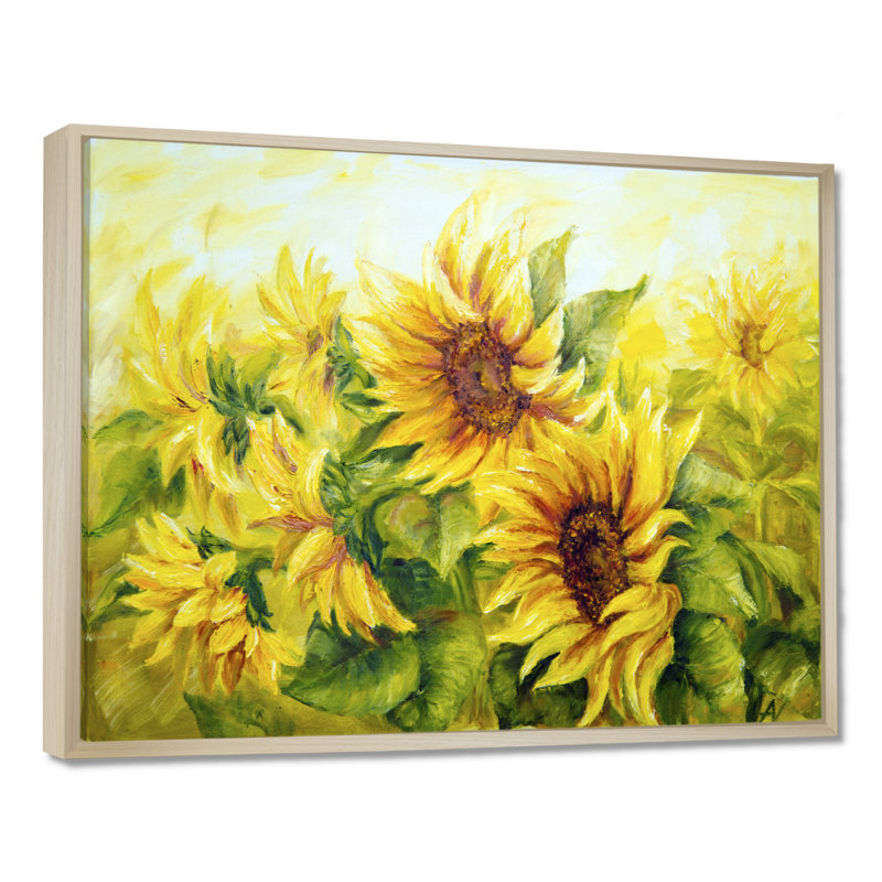Bright Yellow Sunny Sunflowers - impression d'art graphique, H 34 po x l 44 po, Cadre flottant, Érable