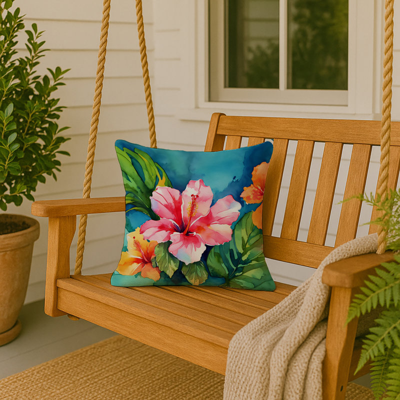 Coussin Hawaii, Hibiscus à l'aquarelle, Carré 18 po