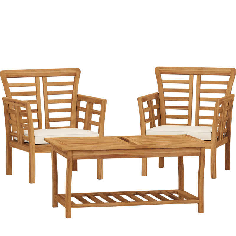 Chic 2 Club Chairs + Table Made Of Brown Wood, With Slat Panel Decoration Modern Look, Design, Weather , Assembly Required, Brown, 27.93 In.D, 24.44 In.W, 33.92 In.H