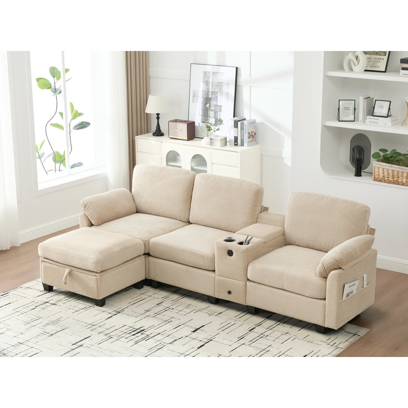 Sectional Sofa With Ottoman, Khaki Corduroy
