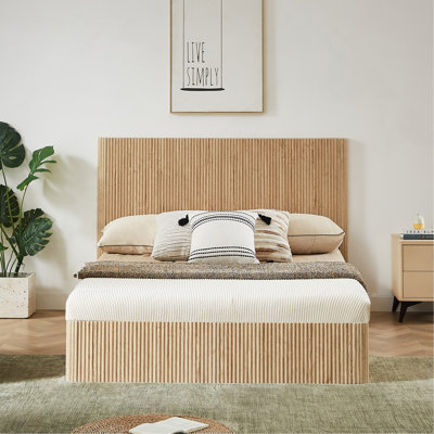Queen Size Lift Up Storage Bed Frame, Wooden Corrugated Curved Lines, Hydraulic Storage/No Box Spring Needed, Oak.