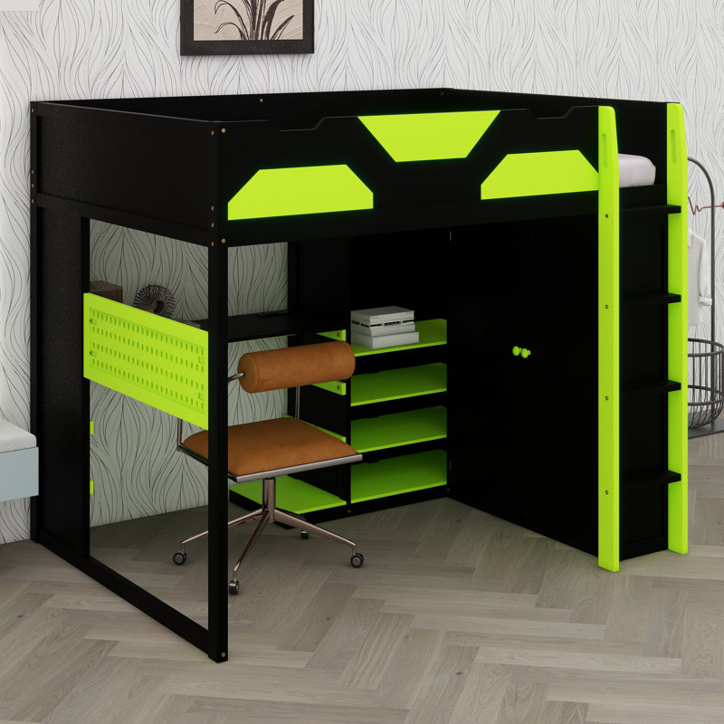 Functional Loft Bed With Study Desk, Multi-Tier Storage, USB Connectivity And Customizable RGB Lights, Green