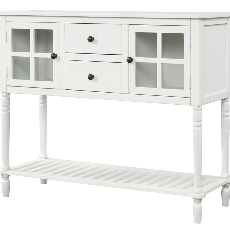Buffet console pour le salon en blanc, armoire de rangement de style - 2 tiroirs, armoires vitrées, pieds en bois massif, buffet blanc d'aspect chic avec tablette inférieure, conception spacieuse, deux