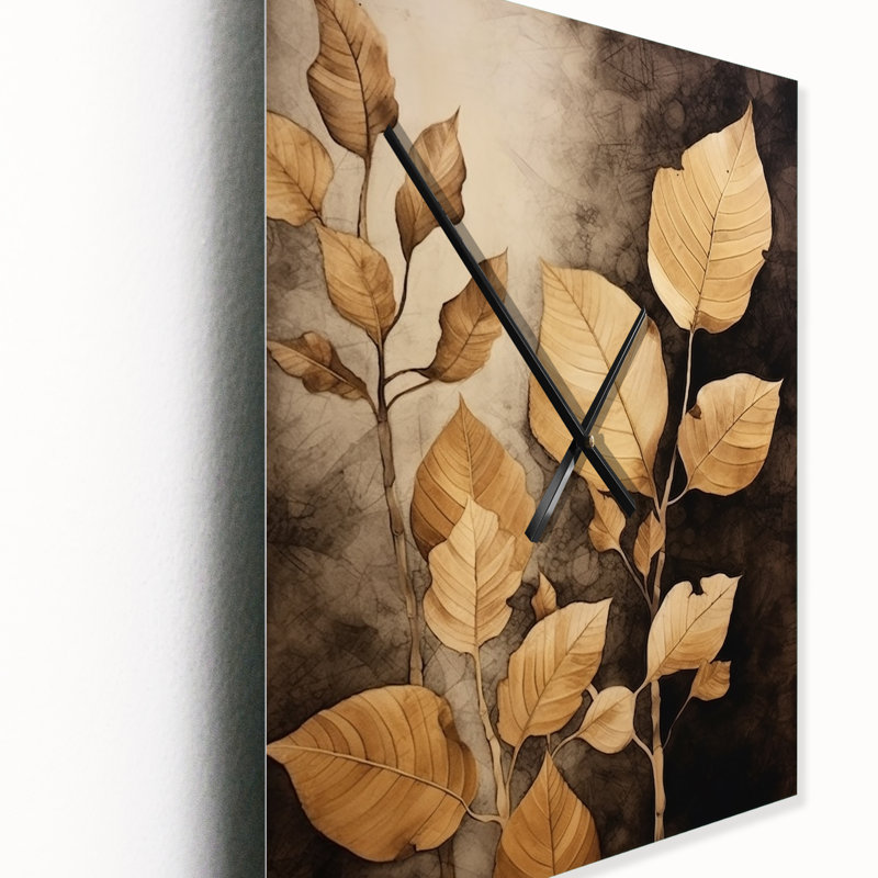 Horloge murale moderne à motif floral brun beige et feuilles Harmony VI, Petit