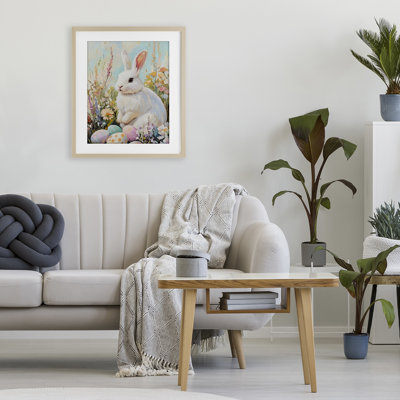 Lapin de Pâques blanc avec fleurs sauvages encadrées, conception par The Prints Vibe