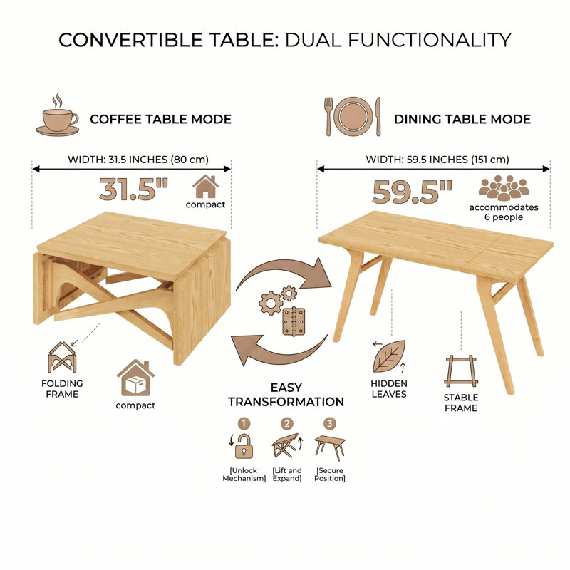 Table de salle à manger extensible 2 en 1, table basse simple, Naturel