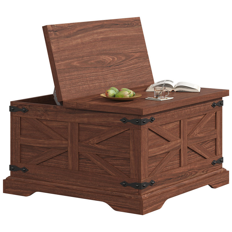 Farmhouse Coffee Table with Large Hidden Storage, Square Wood Living Room Tables, Multi-Function Lift Wooden Barn Door Center Table