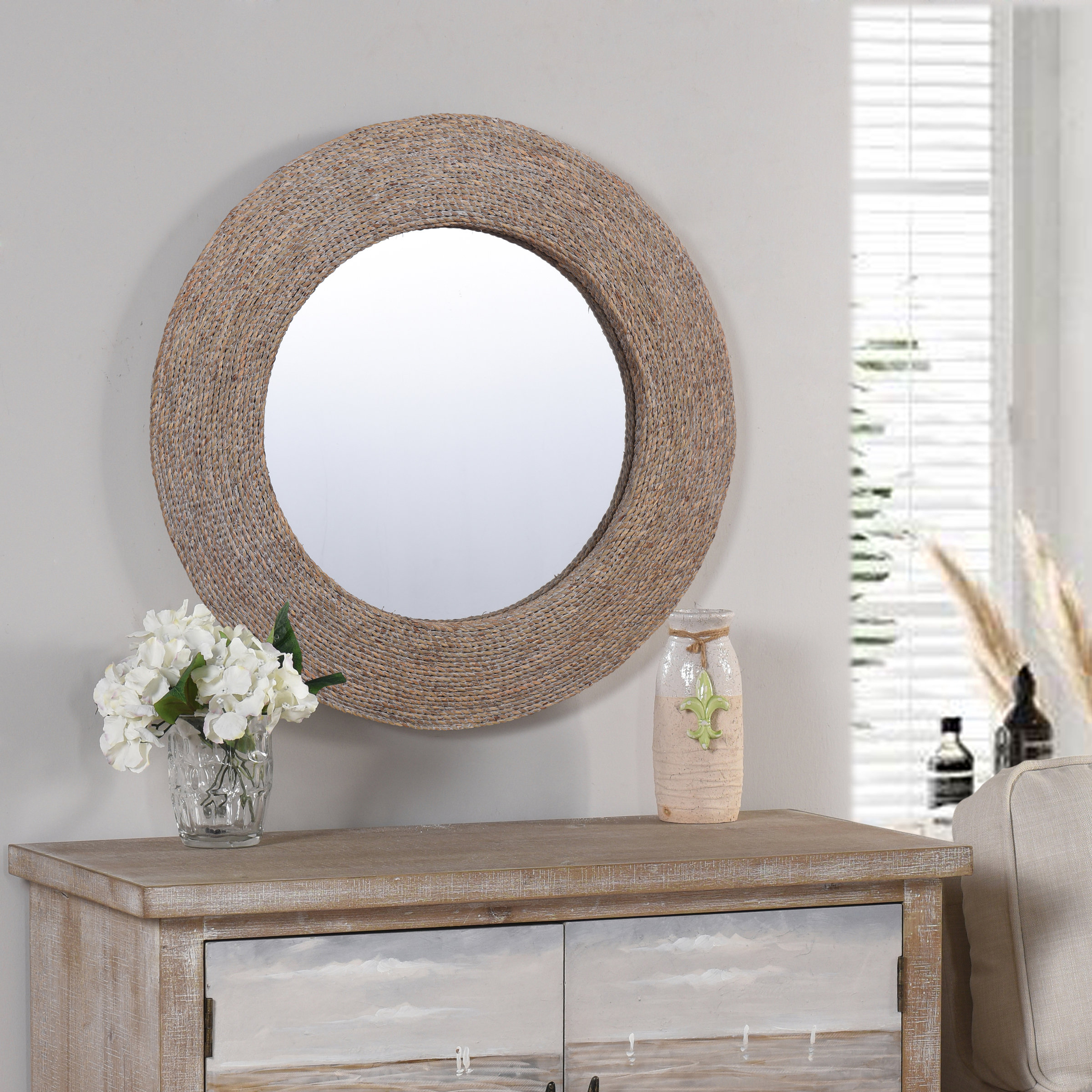 Purwokerto Round Rope Framed Wall Mounted Accent Mirror in Beige