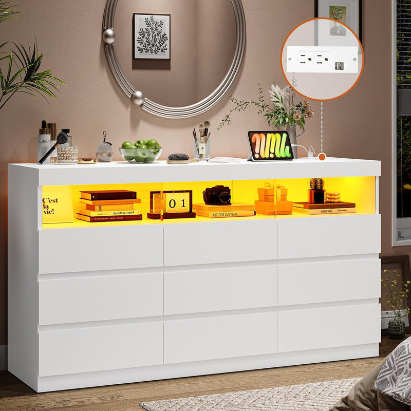 9 Drawer Dresser For Bedroom With Led Lights, Large Chest Of Drawers Handle Free, Modern Long Dressers With Charging Station,for Living Room,cloakroom,entryway