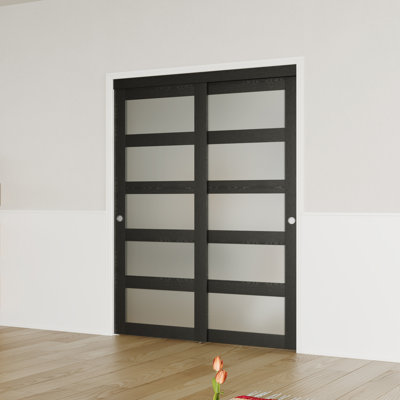 Porte coulissante - Porte intérieure en panneau de fibres à densité moyenne noire en verre givré 5 Lite avec poignées intégrées et quincaillerie coulissante en aluminium lisse