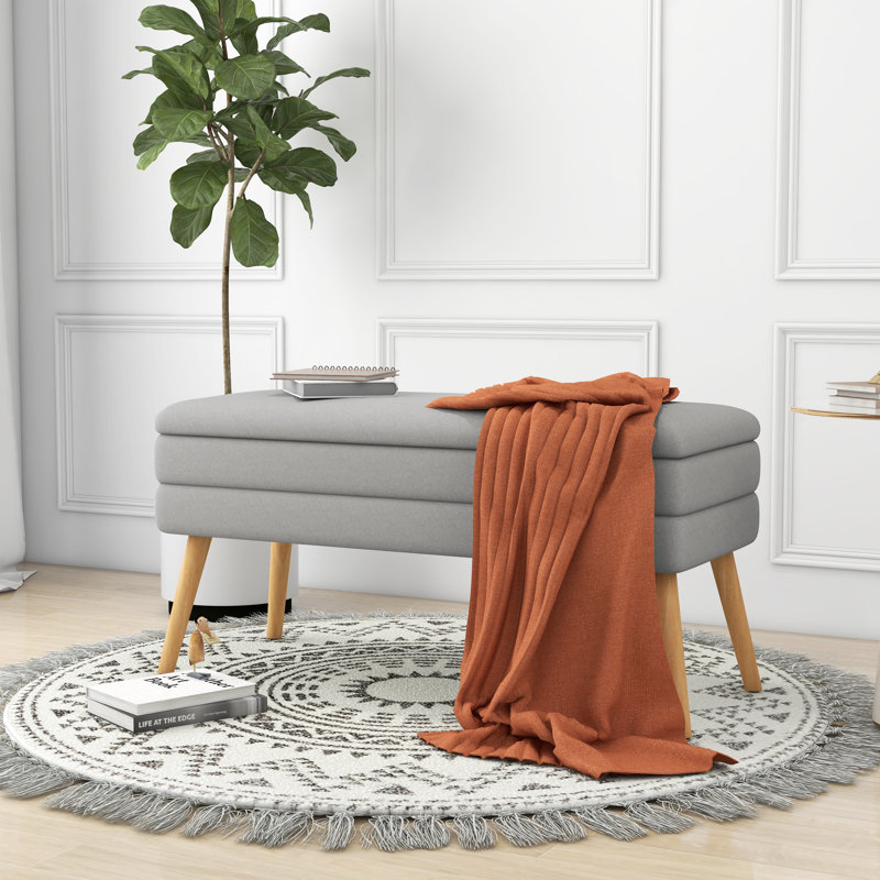 Jakailyn Linen Blend Upholstered Storage Bench, Gray