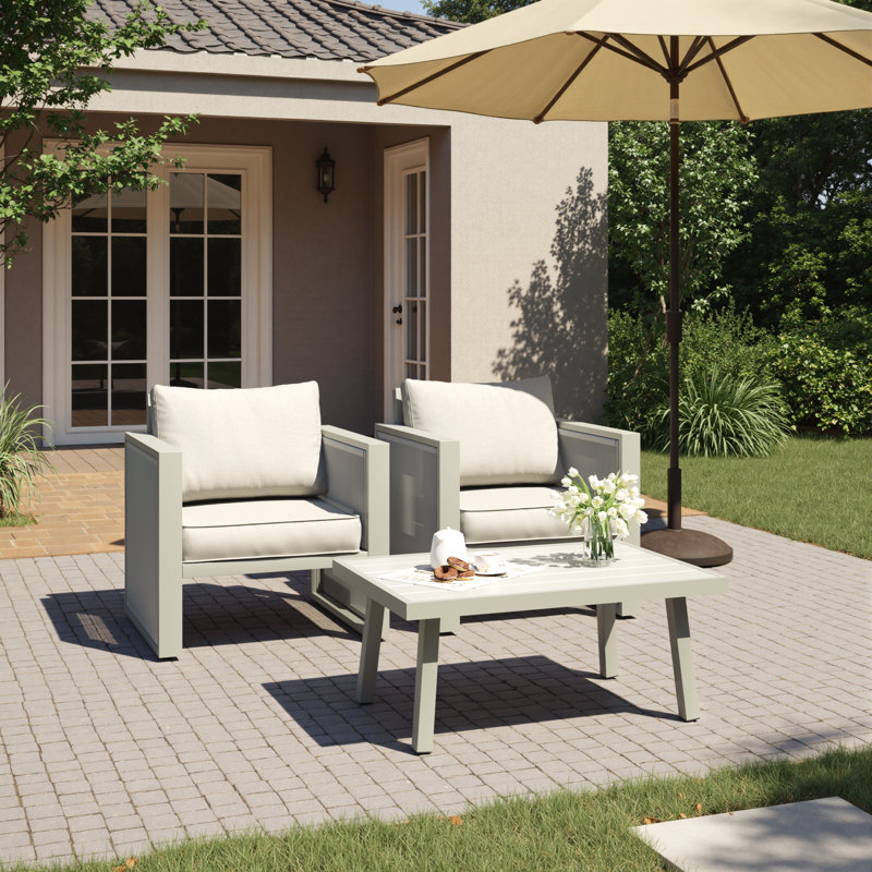 2-Person Aluminum Patio Conversation Set With Cushions, Beige Cushion/Gray Frame