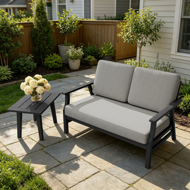 Ensemble de causeuse et table d'appoint en bois de teck massif 2 pièces avec coussins, Gris, Noir