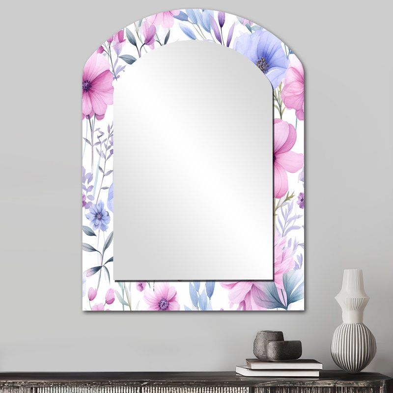 Pink And Blue Petunia On White III - Flowers Arch Wall Mirror, Traditional Asymmetrical Decorative Mirror, Printed Metal Art