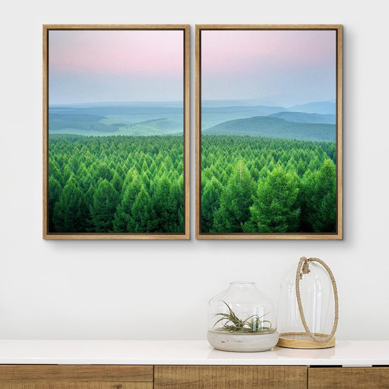 «Pastel Pink Morning Sky Mountain Forest Nature Landscape Decor Decor», 2 pièces, Cadre naturel flottant