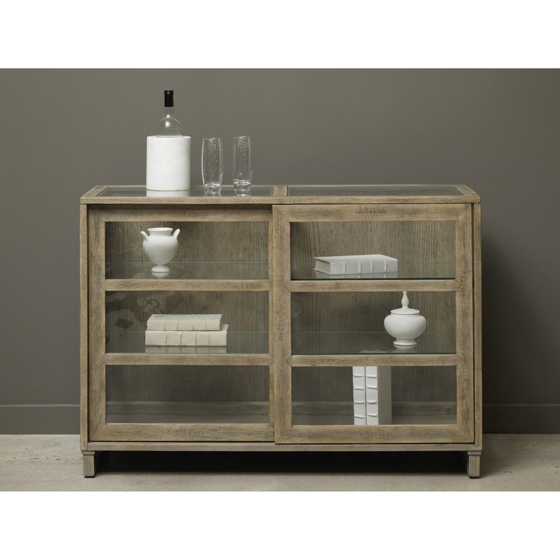 Light Wood Oak Veneer Lighted China Cabinet with Sliding Doors