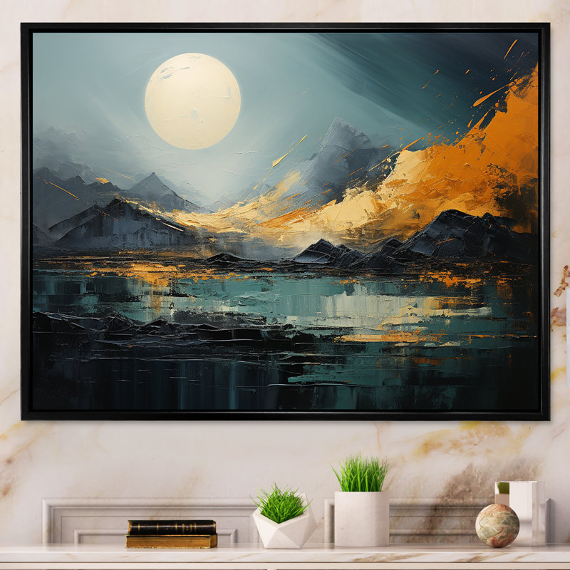Gris et jaune, paysage de montagne abstrait III - paysage abstrait, Cadre flottant noir, H 16 po x l 32 po x P 1 po