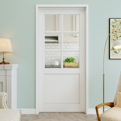 32" x 80" 6-Lite Clear Glass Interior Prehung Door with Silver Hinges, Clear Glass Door Slab, Paintable & Waterproof, Suit for Laundry, Closet Doors, Room Doors, Left Hand