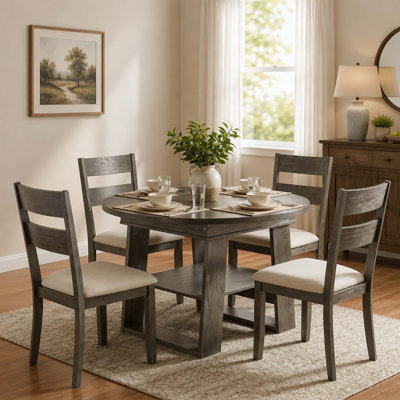 Table de salle à manger extensible ronde à ovale de 43,3" à 59" avec rallonge intégrée, piètement en H et tablette de rangement ouverte, grise, pour 4 à 6 personnes.