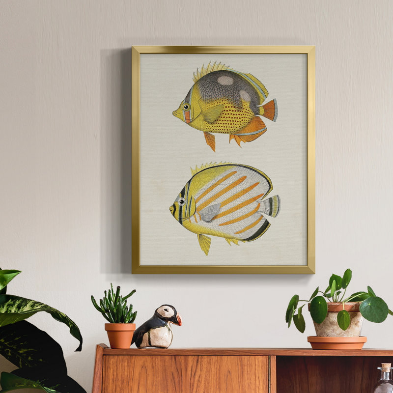 " Yellow & Grey Fish IV " Painting Print, Gold Framed Canvas, 19" H x 16" W x 1.5'' D