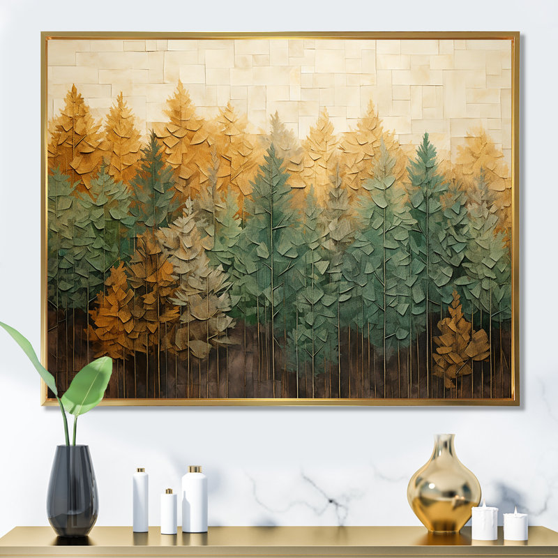 «Green Beige Wild Forest Essence II - Tachisme», art mural, Cadre flottant doré, H 12 po x l 20 po x P 1 po