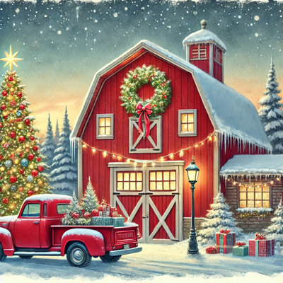 «Red Barn Christmas Eve Holiday», art mural sur toile tendue