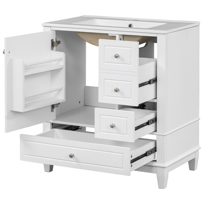 Meuble-lavabo avec lavabo, tablette et tiroirs, Argent argent, Blanc