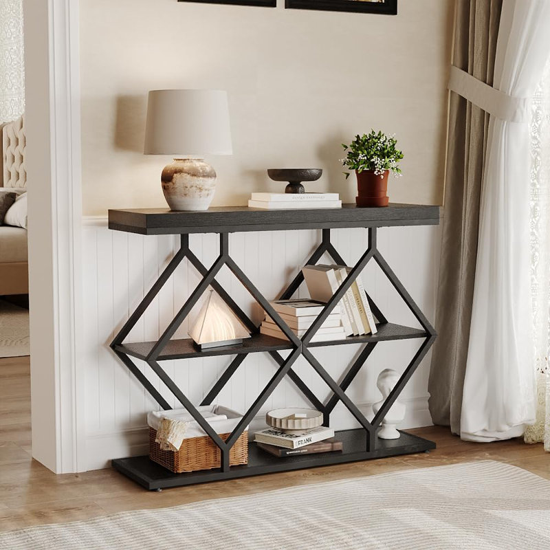 3-Tier Entryway Table, Industrial Console Sofa Table with Storage, Accent Table with Open Shelves, x-Shaped Metal Frame, Foyer Table for Entryway, Hallway