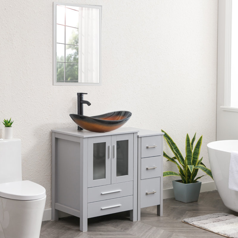 Couleur de la base: blanc; couleur du lavabo: or; meuble-lavabo simple autoportant de 36 po avec comptoir en bois manufacturé, lavabo vasque, robinet, bonde