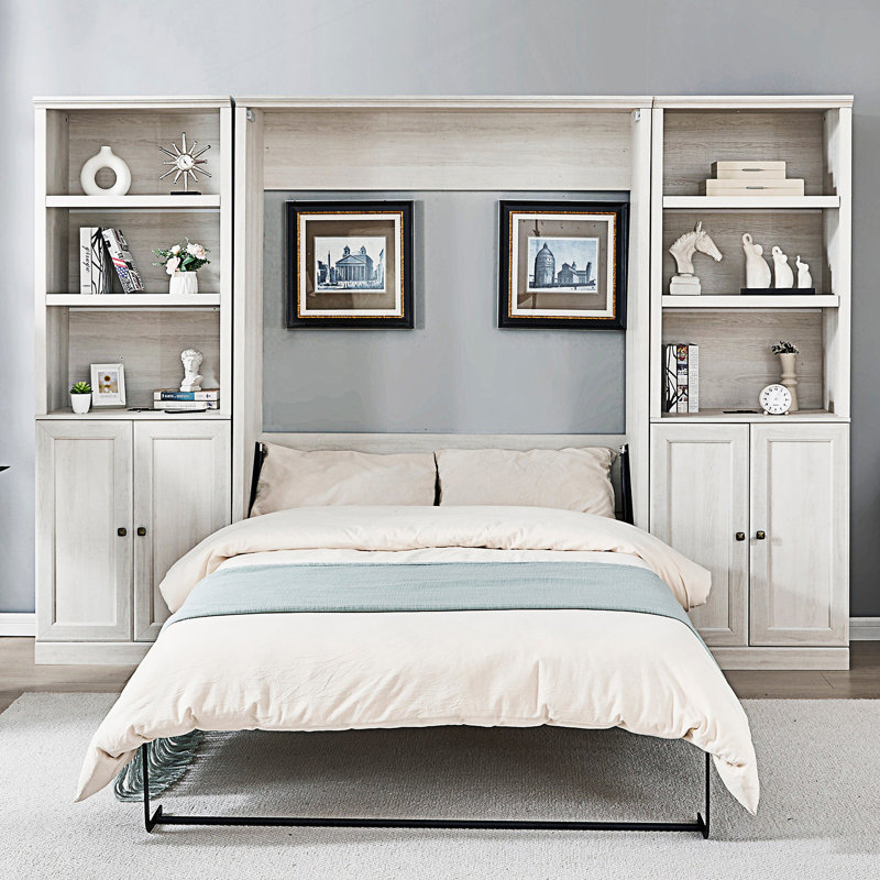 Lit escamotable double pleine grandeur à ouverture et fermeture double avec armoire latérale et tablette de rangement, cadre de lit