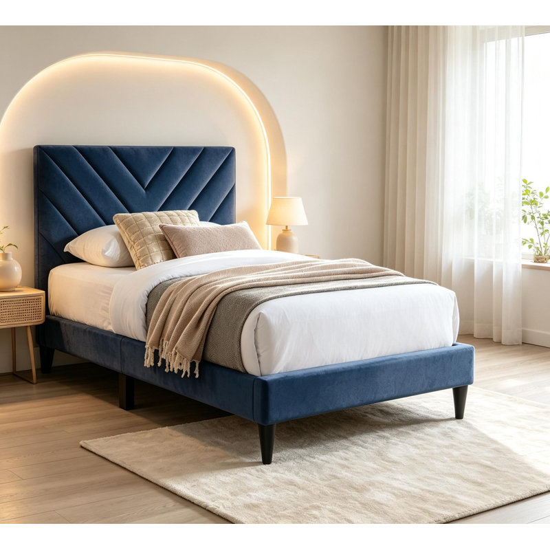 Structure de lit simple avec tête de lit réglable, lit plateforme tapissier en velours, aucun sommier requis, support à 12 lattes robuste, structure de lit à profil bas, disponible en bleu, rose, gris et gris anthracite, facile à assembler.