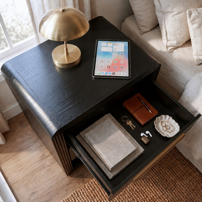 Table de chevet moderne de 65 cm de hauteur avec 2 tiroirs, table d'appoint pour salon, noire