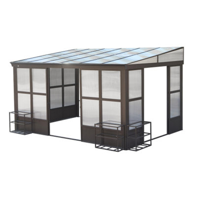 All Season Sunroom, Outdoor Permanent Wall Mounted Solarium with Detachable Polycarbonate Windows, Aluminum Lean to Gazebo Sun Room with 2 Lockable Sliding Doors for Garden Patio Deck