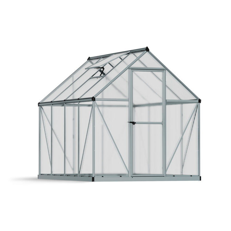 Palram - Canopia Mythos 6' W X 8' D Greenhouse Walk-In Hobby Twin Wall Polycarbonate Aluminum Frame Greenhouse Kit With Roof Vent - Silver