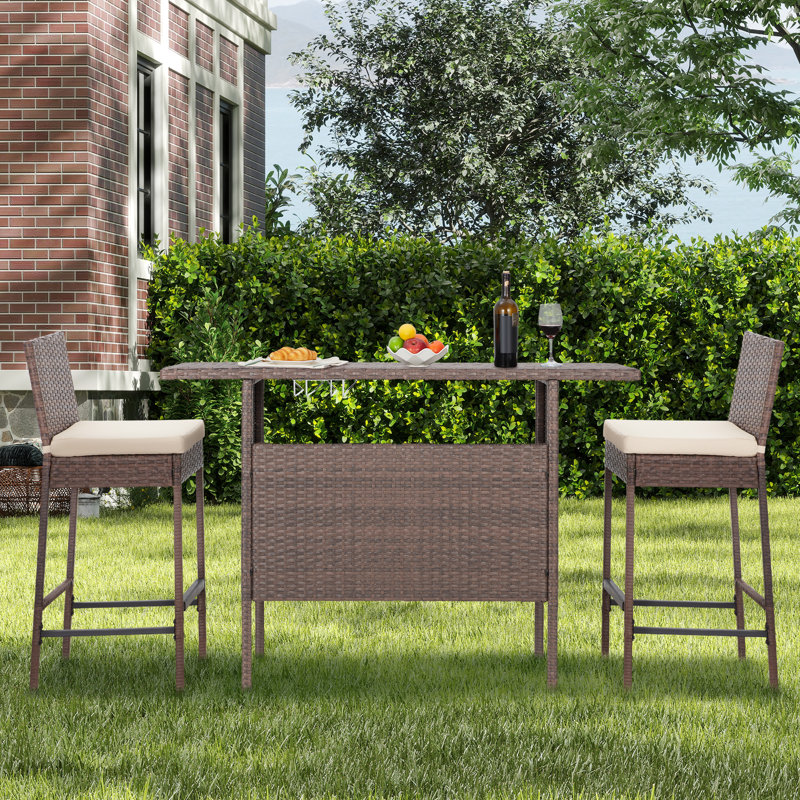 3-Piece Patio Bar Set With Wicker Bar Chairs & Outdoor Bar Table, Brown