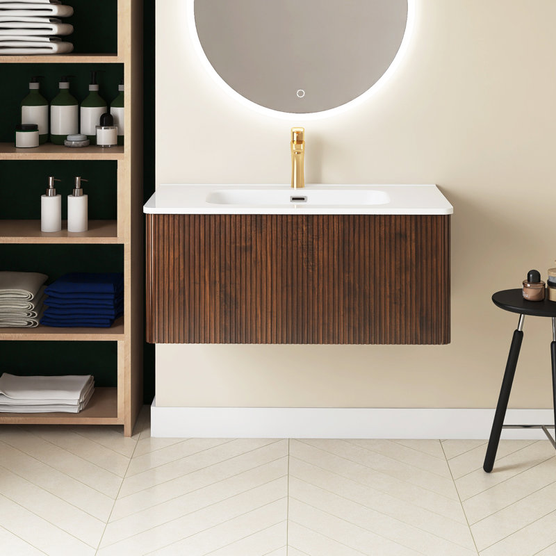 Meuble-lavabo rayé 36 po avec lavabo en céramique blanche, Noyer