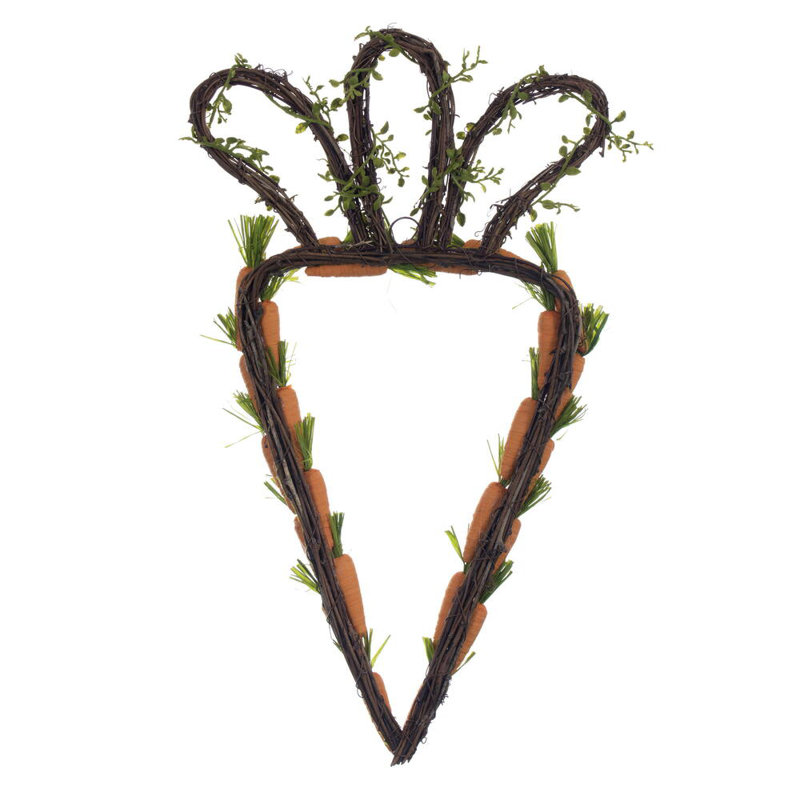 22" Artificial Orange Carrot Wreath. Features orange carrots on a carrot shaped wreath.