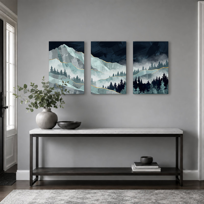 Montagnes bleues superposées et pins avec lignes dorées, ensemble de 3 toiles, H 30 po x l 20 po x 3 pièces