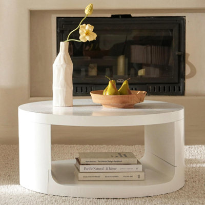 Table basse ronde avec rangement, table de salon moderne de 31 po, tables centrales rondes en bois à 2 niveaux pour appartement, salon, tables de thé blanches à rangement ouvert, 31 po * 14,1 po (blanc)